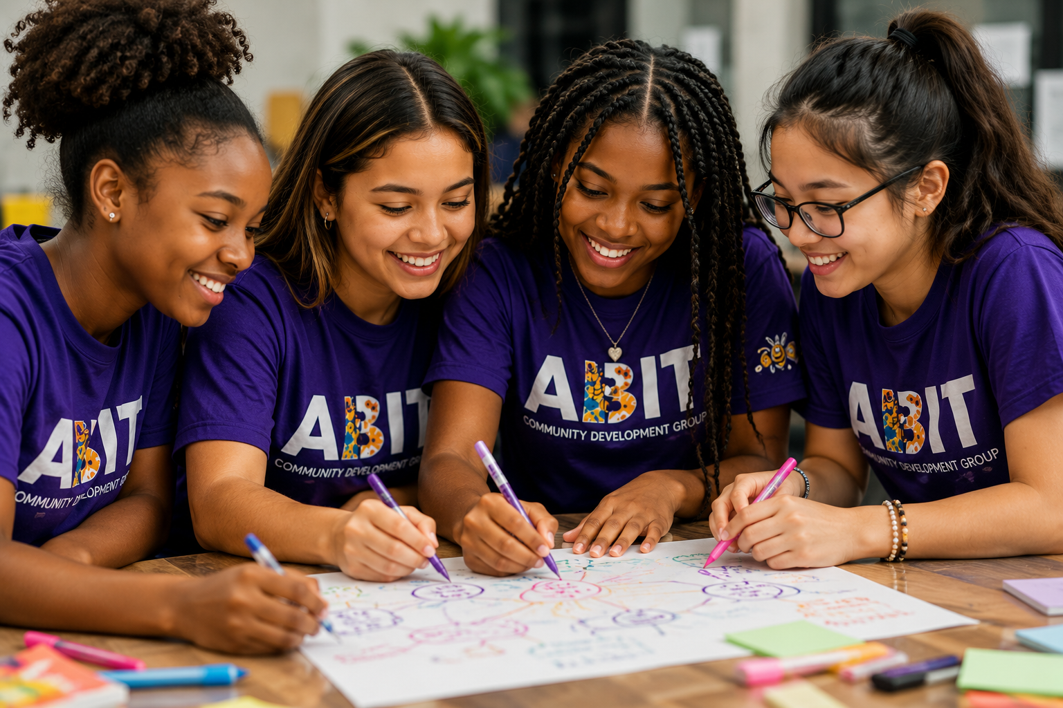 Four ABIT girls in ABIT t-shirts smiling and collaborating on a planning worksheet together