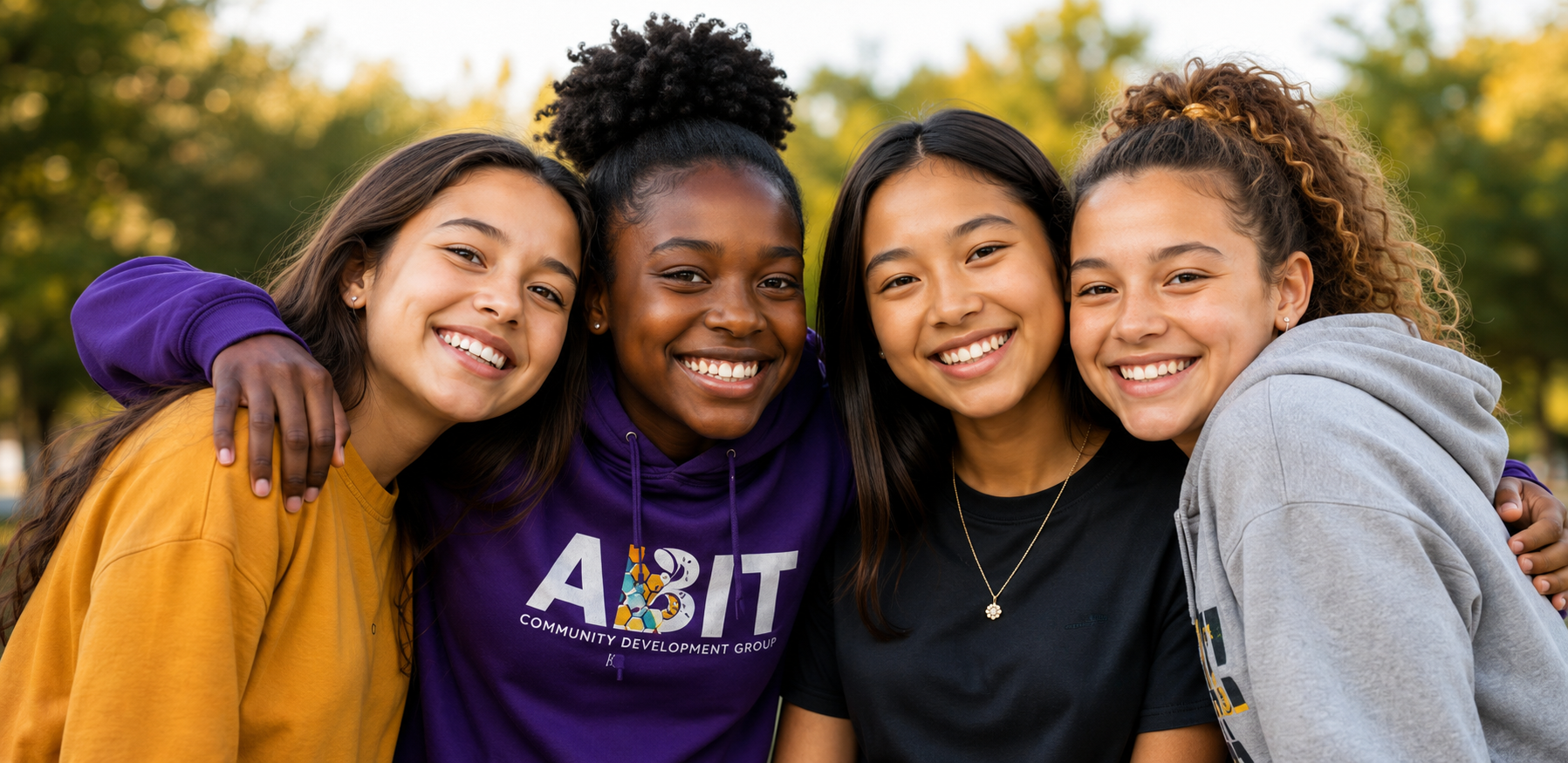 Four ABIT girls smiling together with arms around each other, one wearing an ABIT hoodie
