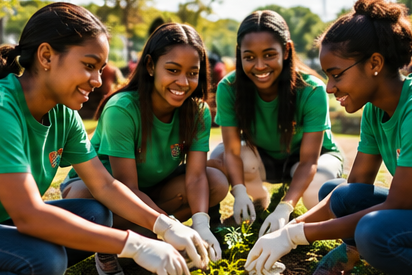 Four ABIT girls in green shirts planting together outdoors