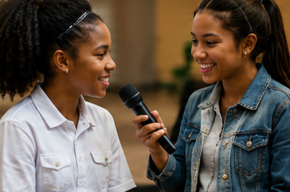 A girl interviewing another girl with a microphone