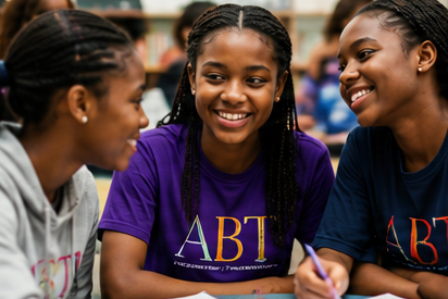 Three ABIT girls in ABIT t-shirts laughing together while studying