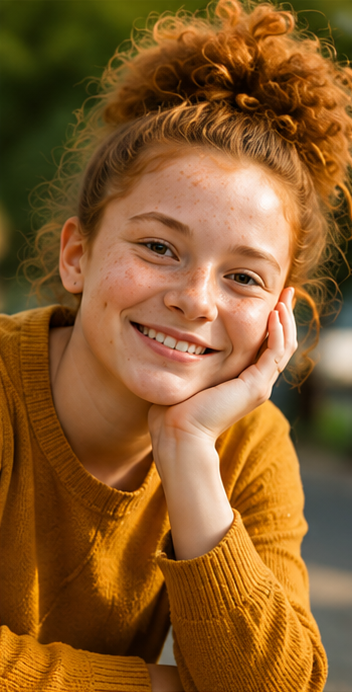 A teen girl with curly hair smiling