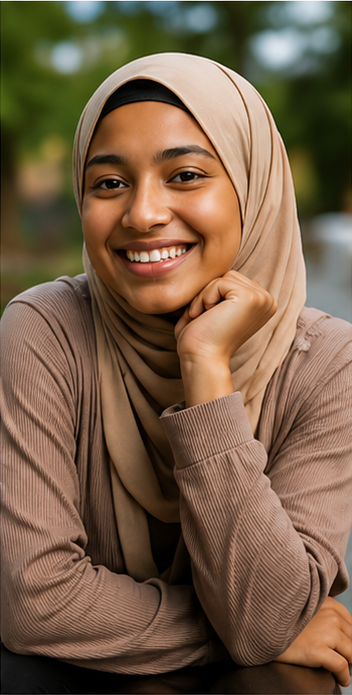 A student in a hijab smiling