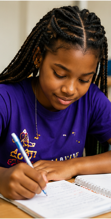 A girl focused on writing in her notebook